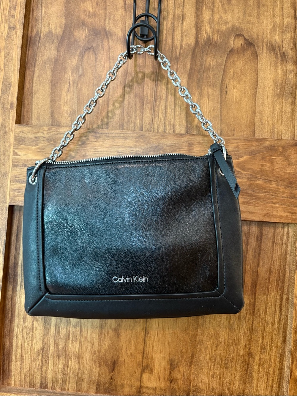 Calvin Klein Black Leather Shoulder Bag with Silver Chain